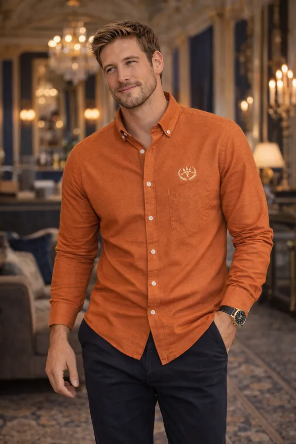 Rust_Orange_Cotton_Linen_Regular_Fit_Shirt_For_Men