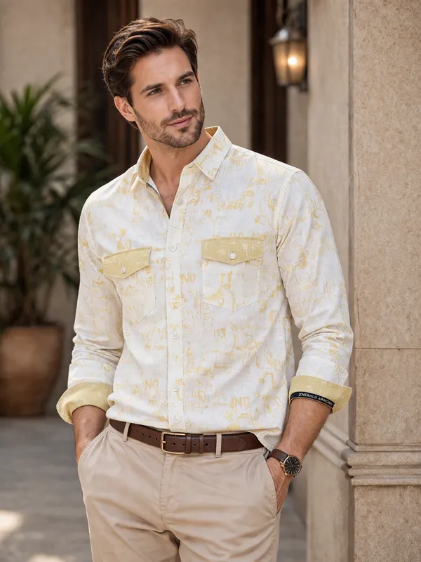White_Printed_Cotton_Linen_Regular_Fit_Shirt_For_Men