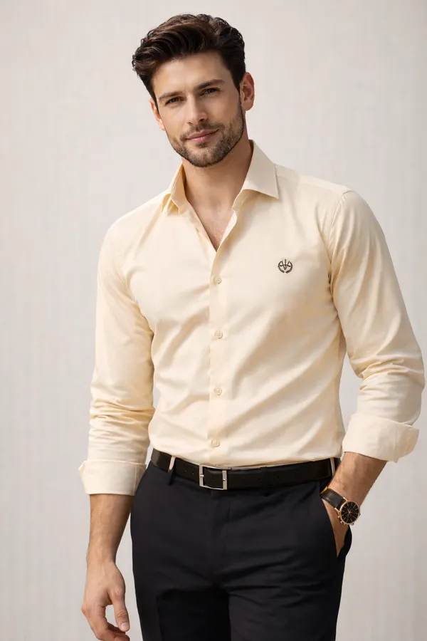Yellow_Cotton_Slim_Fit_Shirt_For_Men