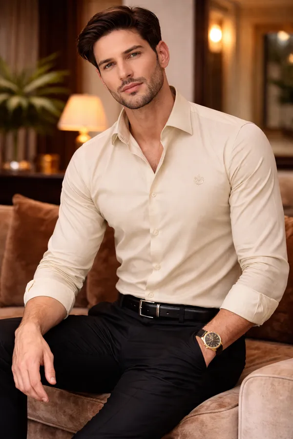Cream_Cotton_Satin_Slim_Fit_Shirt_For_Men
