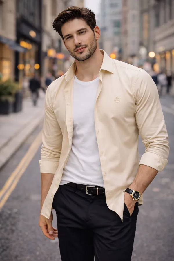 Cream_Cotton_Satin_Slim_Fit_Shirt_For_Men