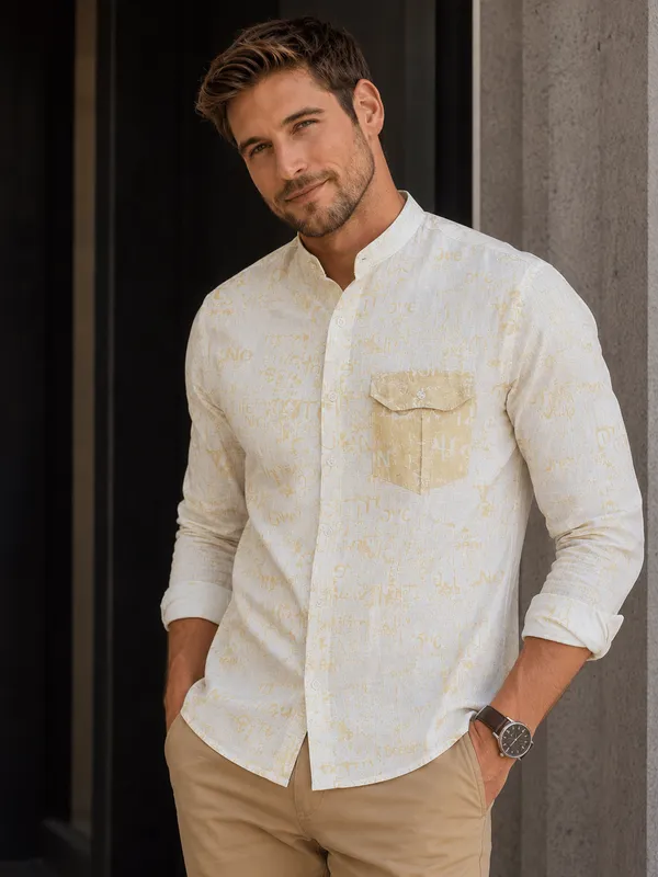 Pastel_Yellow_Striped_Cotton_Linen_Mandarin_Collar_Shirt_For_Men