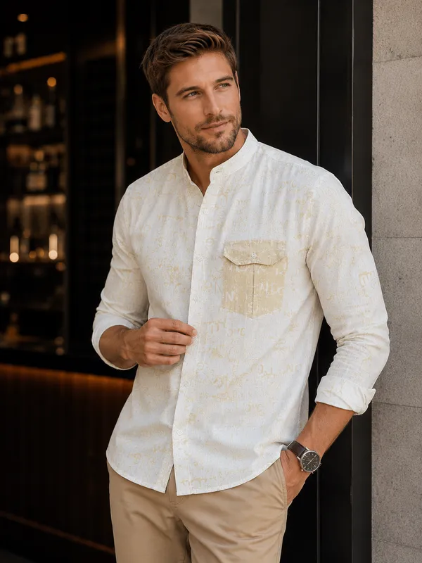 Pastel_Yellow_Striped_Cotton_Linen_Mandarin_Collar_Shirt_For_Men