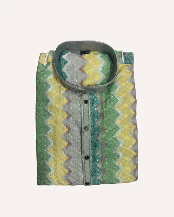 Green_Yellow_&_Grey_Cotton_Woven_Zig-Zag_Pattern_Striped_Kurta_For_Men