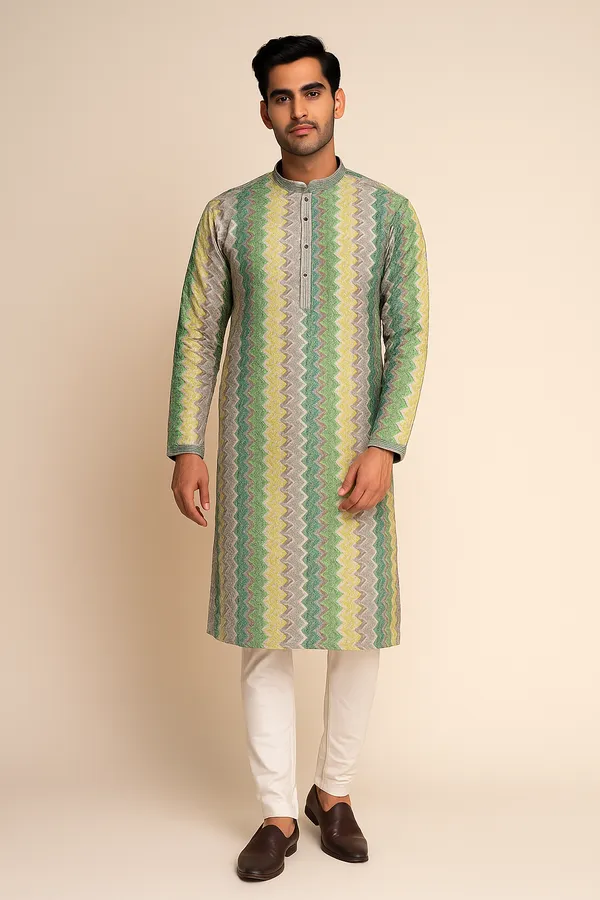 Green_Yellow_&_Grey_Cotton_Woven_Zig-Zag_Pattern_Striped_Kurta_For_Men