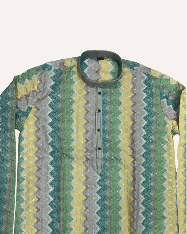 Green_Yellow_&_Grey_Cotton_Woven_Zig-Zag_Pattern_Striped_Kurta_For_Men