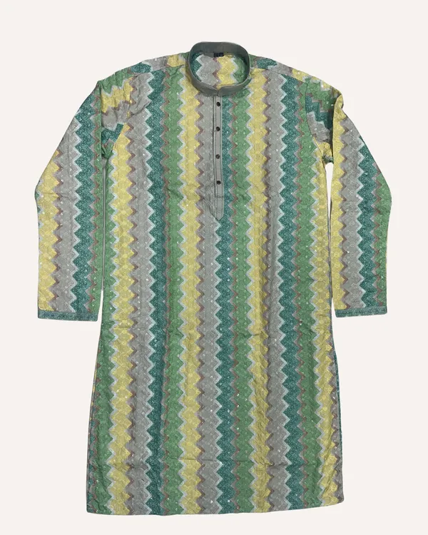 Green_Yellow_&_Grey_Cotton_Woven_Zig-Zag_Pattern_Striped_Kurta_For_Men