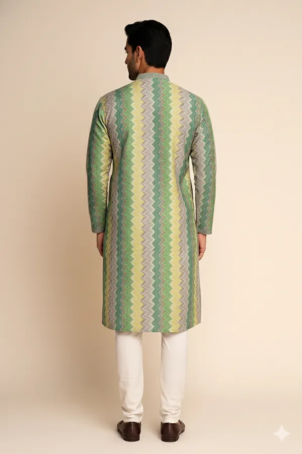 Green_Yellow_&_Grey_Cotton_Woven_Zig-Zag_Pattern_Striped_Kurta_For_Men