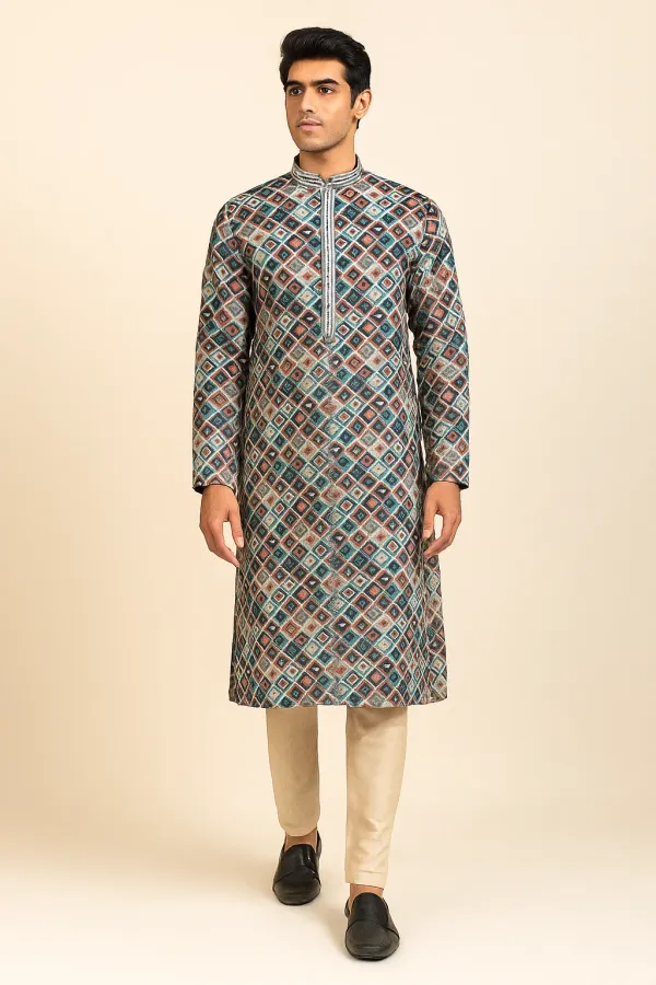 Multicolour_Cotton_Intricate_Ikat_Diamond_Pattern_Kurta_For_Men