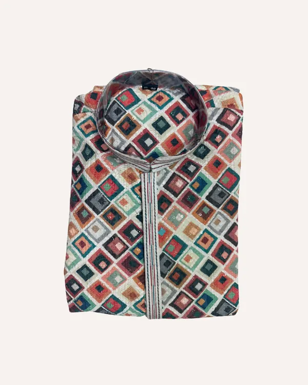 Multicolour_Cotton_Intricate_Ikat_Diamond_Pattern_Kurta_For_Men