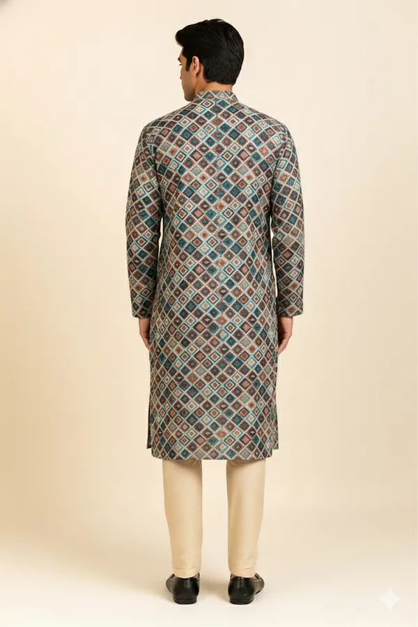 Multicolour_Cotton_Intricate_Ikat_Diamond_Pattern_Kurta_For_Men