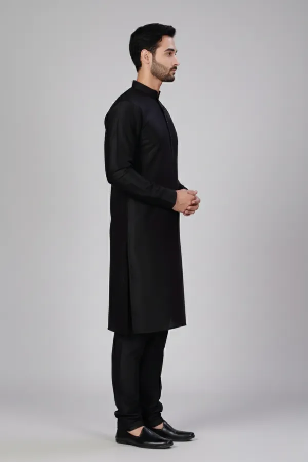Men_Black_Solid_Dupion_Silk_Straight_Kurta_with_Pajamas