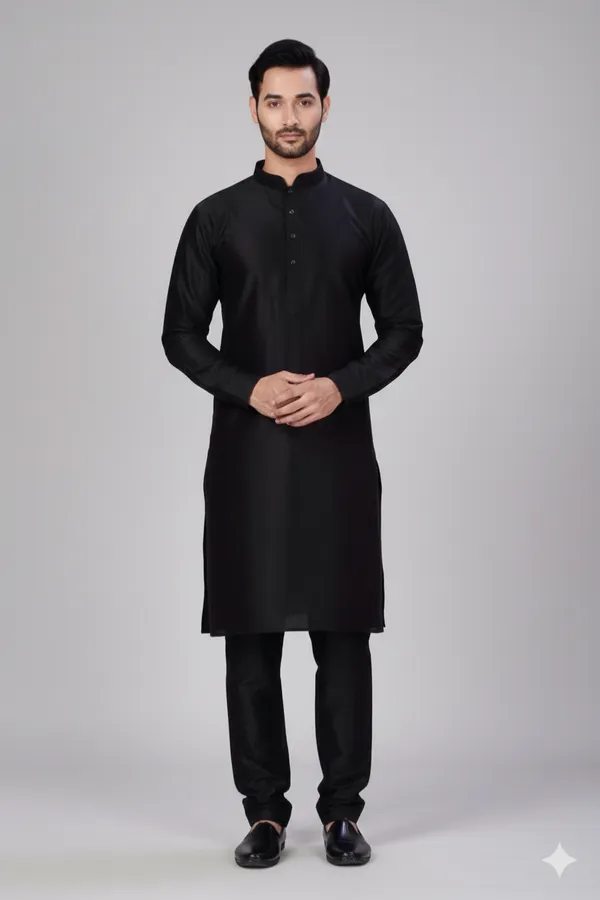 Men_Black_Solid_Dupion_Silk_Straight_Kurta_with_Pajamas