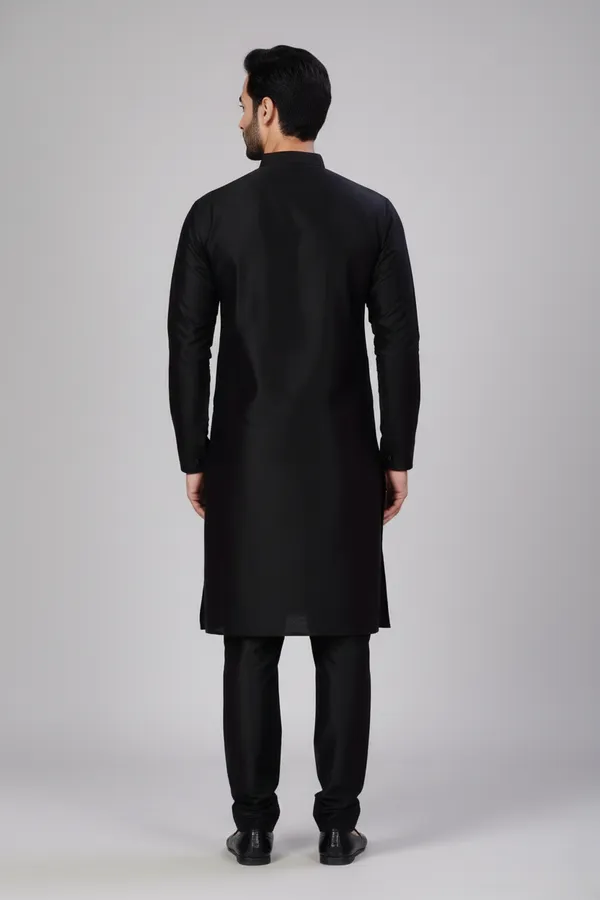 Men_Black_Solid_Dupion_Silk_Straight_Kurta_with_Pajamas