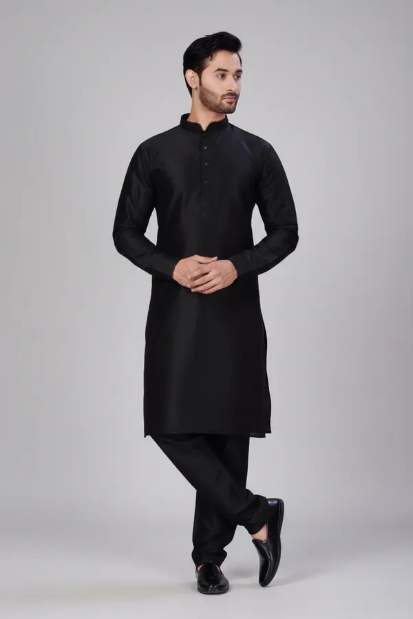 Men_Black_Solid_Dupion_Silk_Straight_Kurta_with_Pajamas