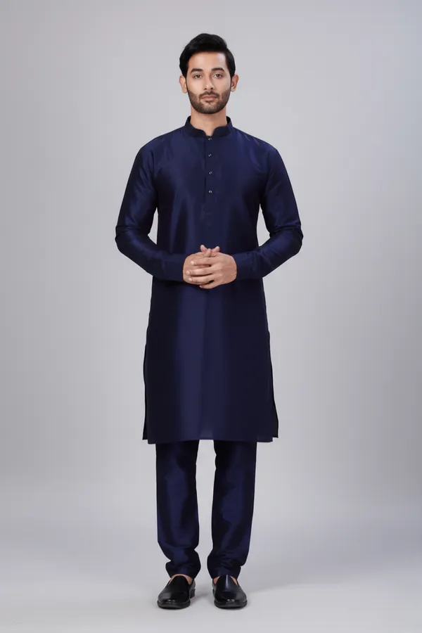 Men_Navy_Blue_Solid_Dupion_Silk_Straight_Kurta_with_Churidar