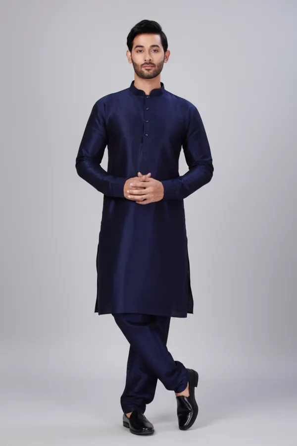 Men_Navy_Blue_Solid_Dupion_Silk_Straight_Kurta_with_Churidar