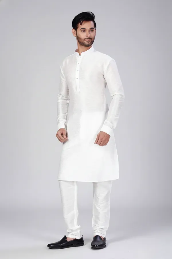 Men_White_Solid_Dupion_Silk_Straight_Kurta_With_Pajamas