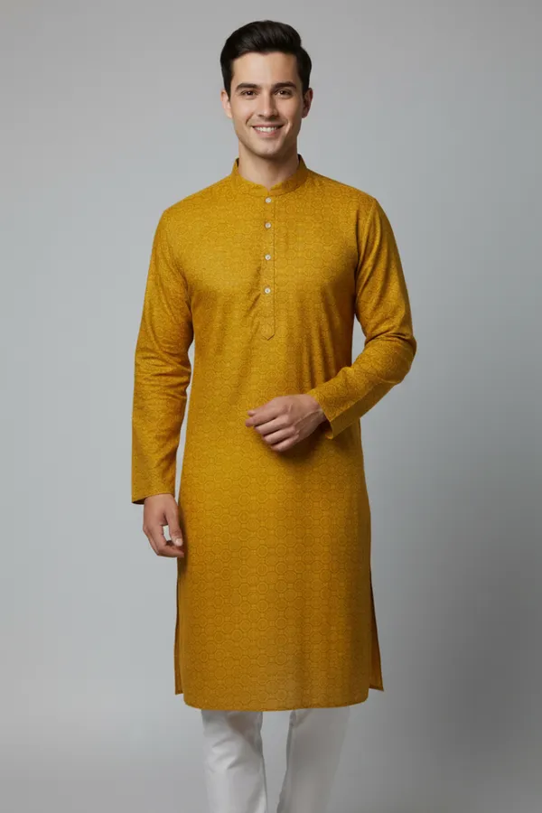 Men's_Mustard_Yellow_Geometric_Printed_Cotton_Kurta