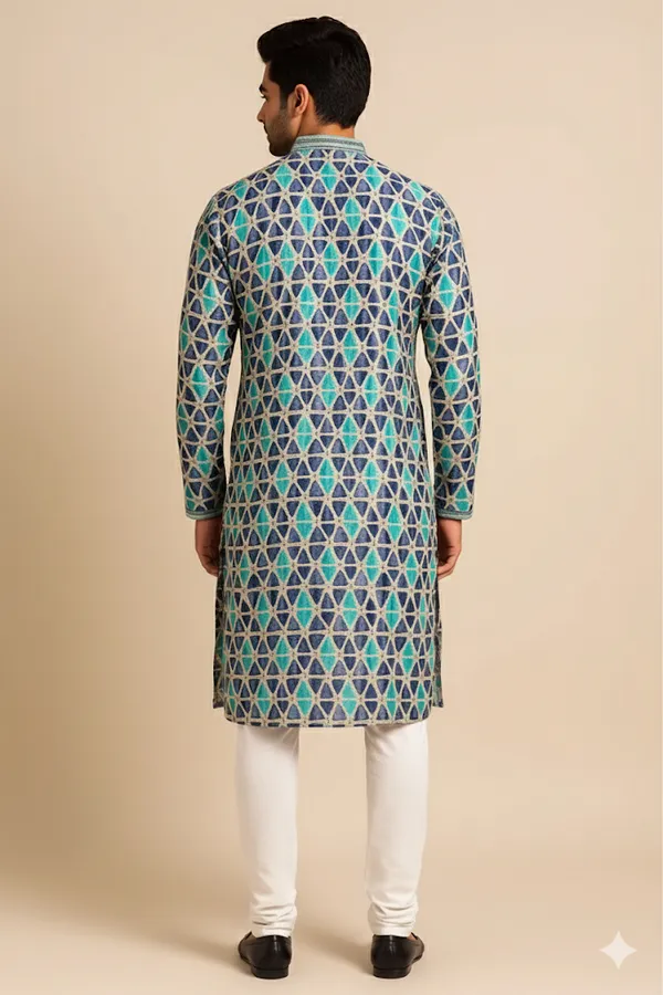 Blue_Cotton_Teal_&_Indigo_Woven_Chevron_Kurta_For_Men