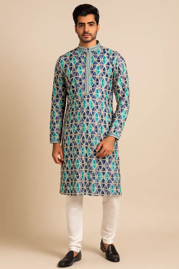 Blue_Cotton_Teal_&_Indigo_Woven_Chevron_Kurta_For_Men