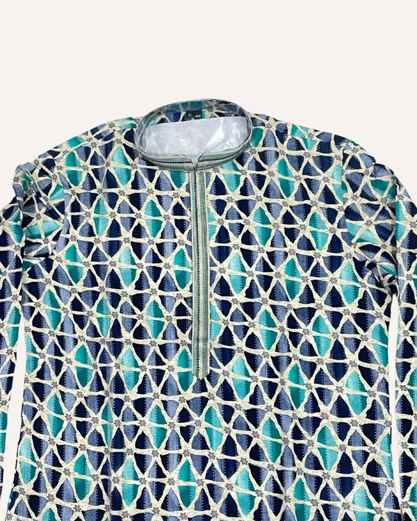 Blue_Cotton_Teal_&_Indigo_Woven_Chevron_Kurta_For_Men