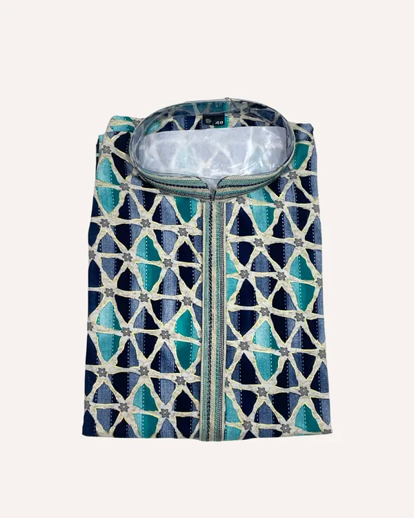 Blue_Cotton_Teal_&_Indigo_Woven_Chevron_Kurta_For_Men