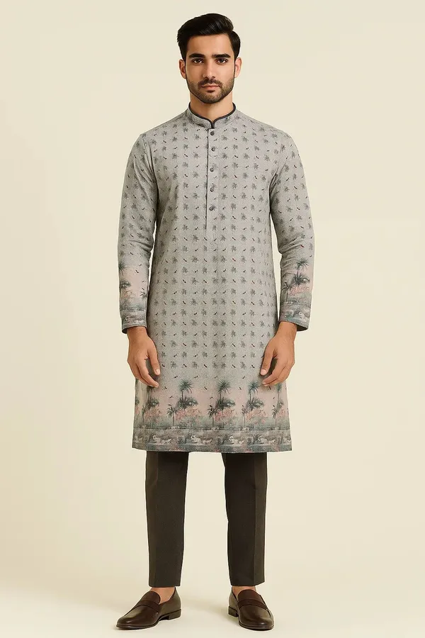 Grey_Cotton_Small_Motif_Kurta_With_Border_Print_For_Men