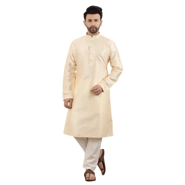 Embroidered_Stand-Collar_Beige_Woven_Kurta