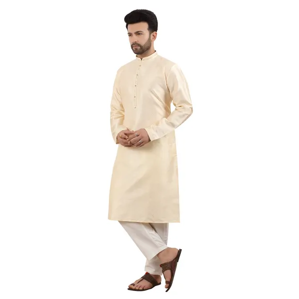 Embroidered_Stand-Collar_Beige_Woven_Kurta
