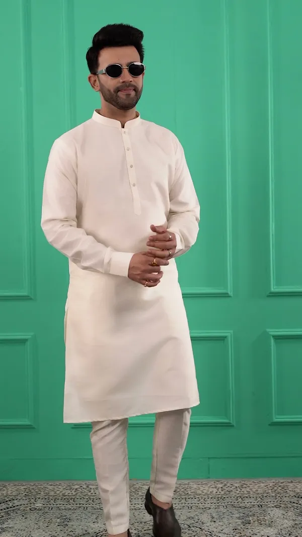 Men_Cream_Solid_Dupion_Silk_Straight_Kurta_with_Pajamas
