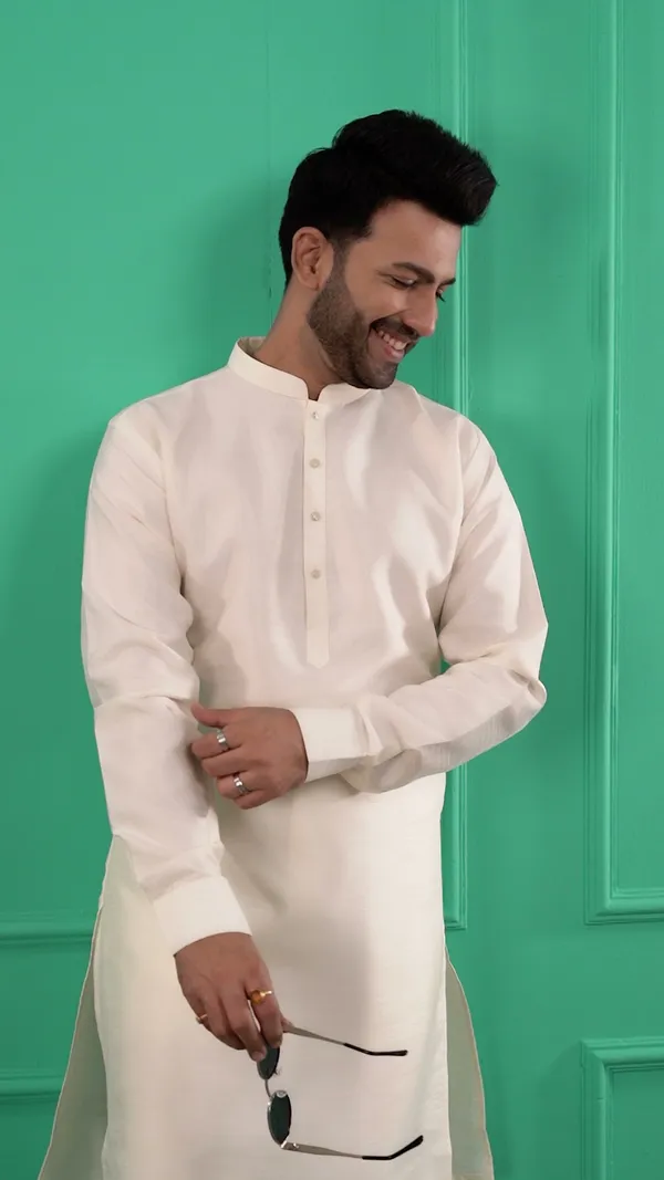 Men_Cream_Solid_Dupion_Silk_Straight_Kurta_with_Pajamas