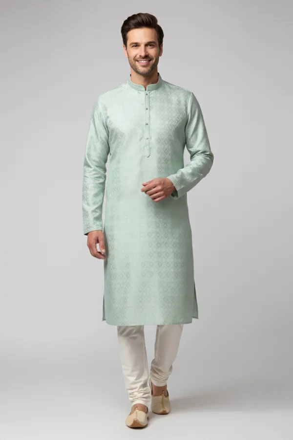 Mint_Green_Self-Design_Nehru_Collar_Kurta_Set