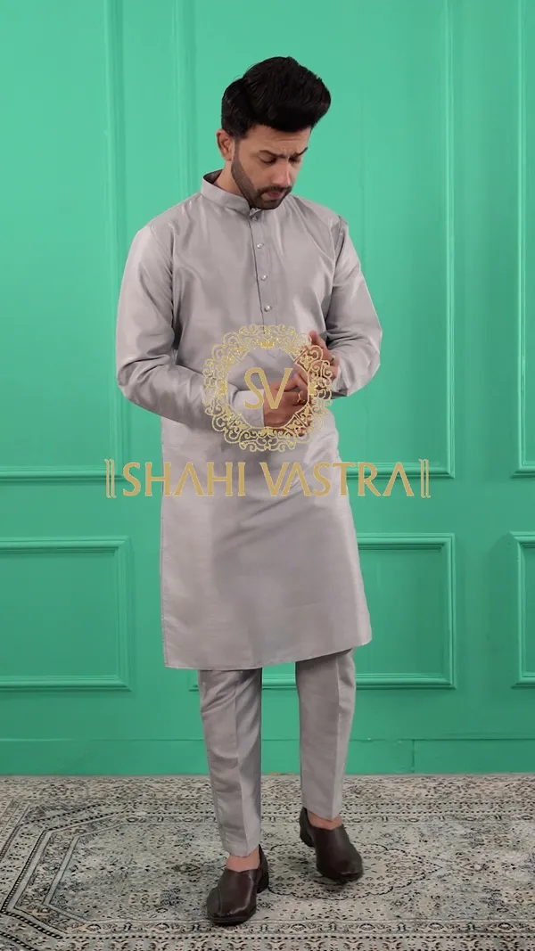 Men_Silver-Grey_Solid_Dupion_Silk_Straight_Kurta_with_Pajamas