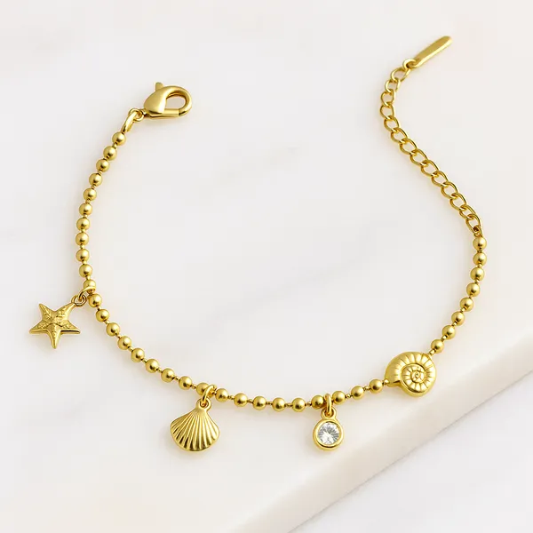 18K_Gold_Plated_Stainless_Steel_Ocean_Charm_Bracelet_Beaded_Chain_With_Starfish,_Seashell_&_Spiral_Pendants_|_Anti-Tarnish,_Waterproof