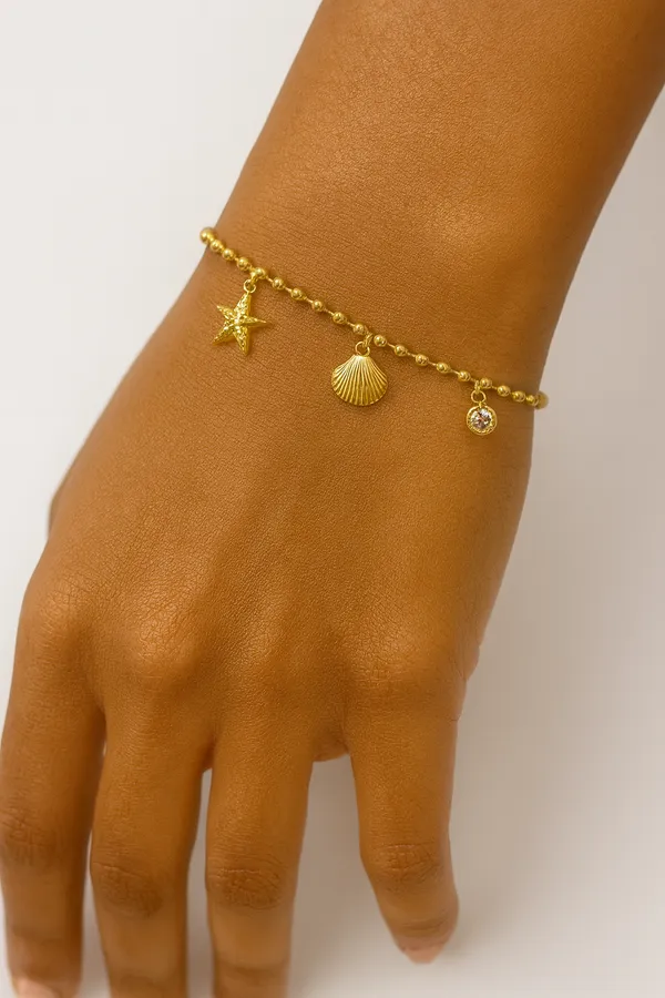 18K_Gold_Plated_Stainless_Steel_Ocean_Charm_Bracelet_Beaded_Chain_With_Starfish,_Seashell_&_Spiral_Pendants_|_Anti-Tarnish,_Waterproof