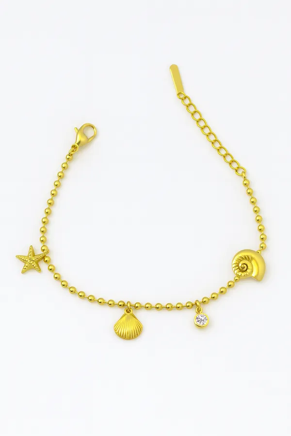 18K_Gold_Plated_Stainless_Steel_Ocean_Charm_Bracelet_Beaded_Chain_With_Starfish,_Seashell_&_Spiral_Pendants_|_Anti-Tarnish,_Waterproof