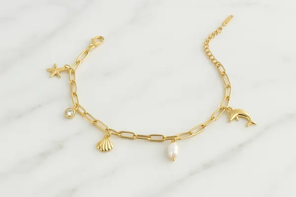 18K_Gold_Plated_Stainless_Steel_Ocean_Charm_Bracelet_Chain_With_Dolphin,_Seashell,_Starfish_&_Pearl_|_Anti-Tarnish,_Waterproof