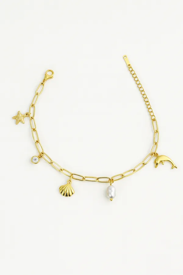18K_Gold_Plated_Stainless_Steel_Ocean_Charm_Bracelet_Chain_With_Dolphin,_Seashell,_Starfish_&_Pearl_|_Anti-Tarnish,_Waterproof