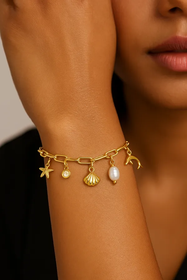 18K_Gold_Plated_Stainless_Steel_Ocean_Charm_Bracelet_Chain_With_Dolphin,_Seashell,_Starfish_&_Pearl_|_Anti-Tarnish,_Waterproof