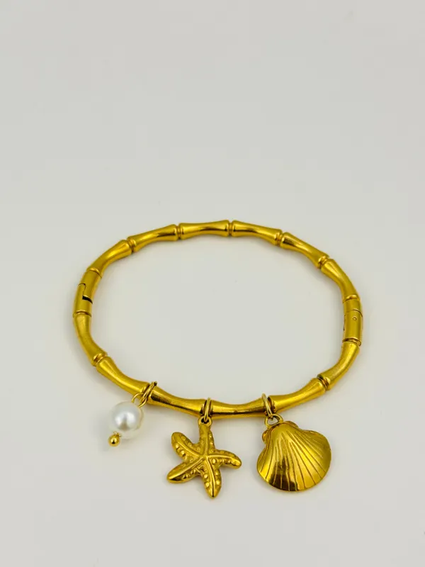 18K_Gold_Plated_Stainless_Steel_Ocean_Charm_Bracelet_Bangle_With_Pearl,_Starfish_&_Seashell_|_Anti-Tarnish,_Waterproof