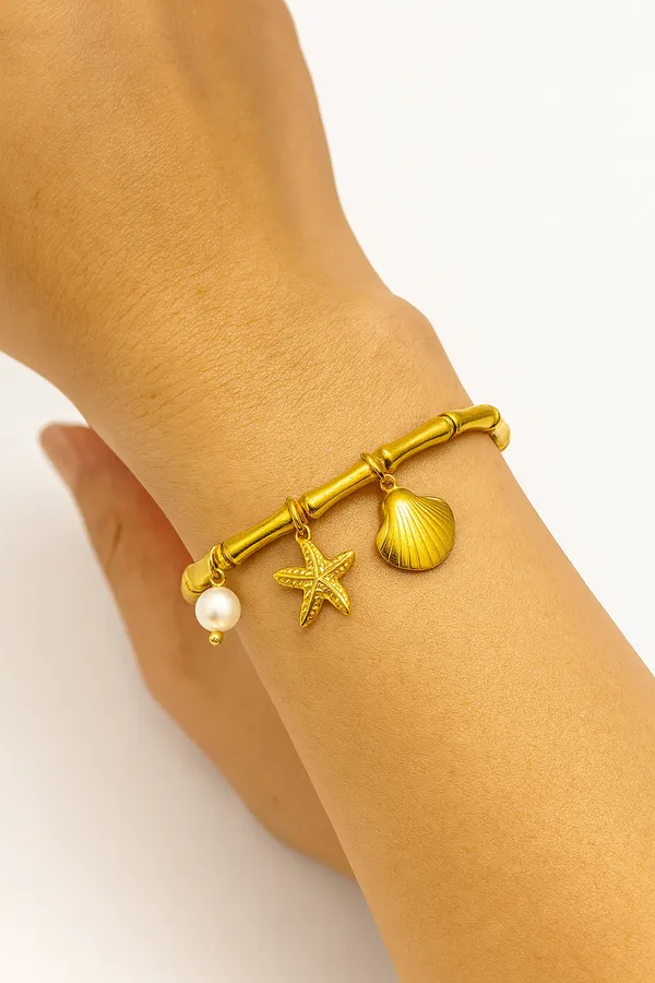 18K_Gold_Plated_Stainless_Steel_Ocean_Charm_Bracelet_Bangle_With_Pearl,_Starfish_&_Seashell_|_Anti-Tarnish,_Waterproof