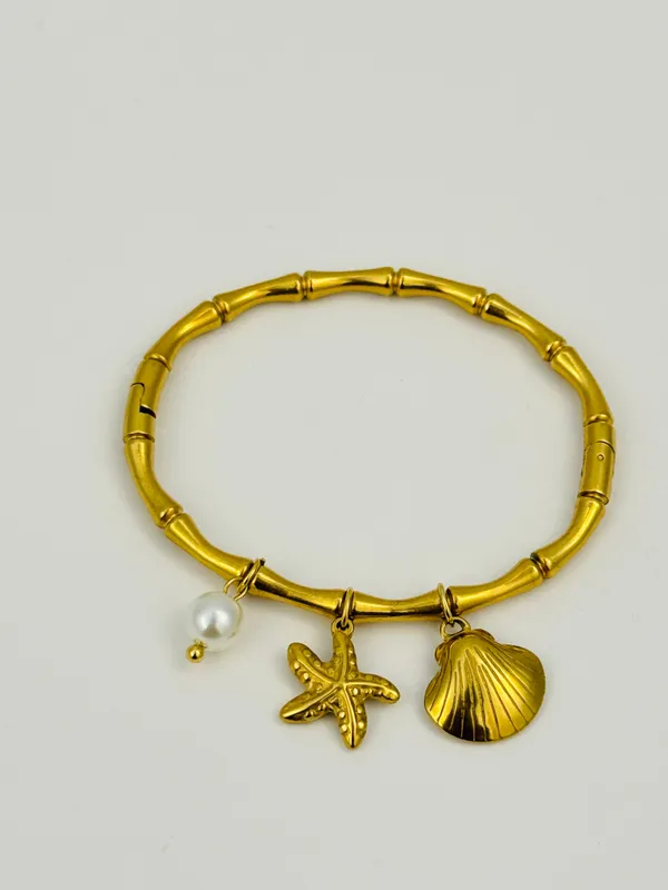18K_Gold_Plated_Stainless_Steel_Ocean_Charm_Bracelet_Bangle_With_Pearl,_Starfish_&_Seashell_|_Anti-Tarnish,_Waterproof