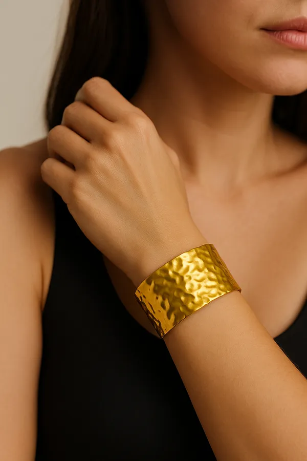 18K_Gold_Plated_Stainless_Steel_Hammered_Cuff_Bracelet_|_Wide_Textured_Band_|_Anti-Tarnish,_Waterproof