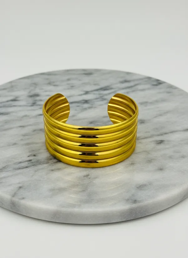 18K_Gold_Plated_Stainless_Steel_Ribbed_Cuff_Bracelet_|_Bold_Multi-Ridge_Design_|_Anti-Tarnish,_Waterproof