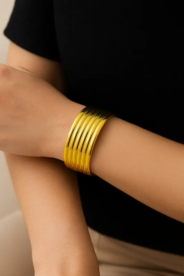 18K_Gold_Plated_Stainless_Steel_Ribbed_Cuff_Bracelet_|_Bold_Multi-Ridge_Design_|_Anti-Tarnish,_Waterproof