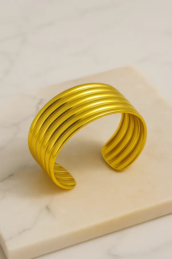 18K_Gold_Plated_Stainless_Steel_Ribbed_Cuff_Bracelet_|_Bold_Multi-Ridge_Design_|_Anti-Tarnish,_Waterproof