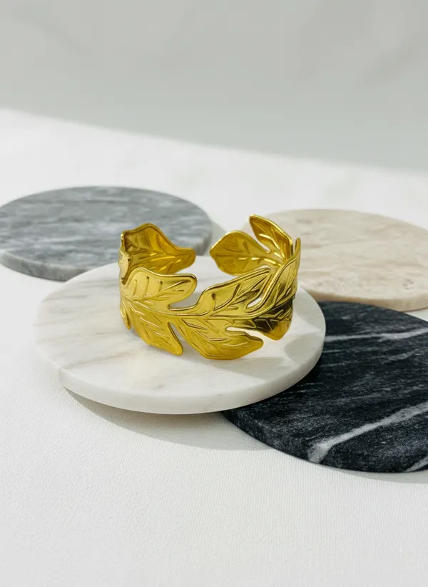 18K_Gold_Plated_Stainless_Steel_Leaf_Motif_Cuff_Bracelet_|_Anti-Tarnish,_Waterproof_&_Adjustable