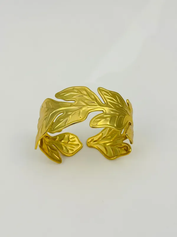 18K_Gold_Plated_Stainless_Steel_Leaf_Motif_Cuff_Bracelet_|_Anti-Tarnish,_Waterproof_&_Adjustable