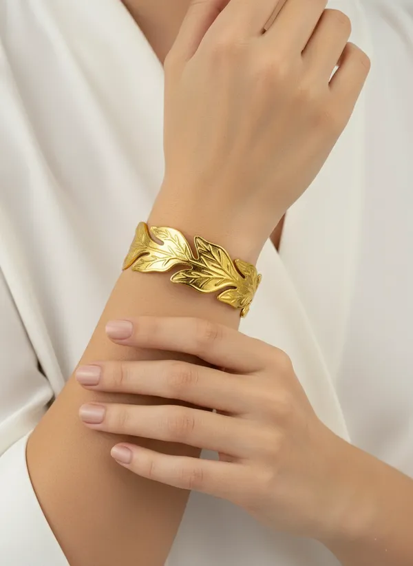 18K_Gold_Plated_Stainless_Steel_Leaf_Motif_Cuff_Bracelet_|_Anti-Tarnish,_Waterproof_&_Adjustable